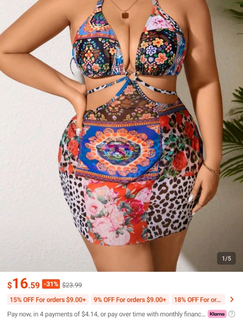 SHEIN Multicolor Floral & Animal Print Cutout Bikini Set